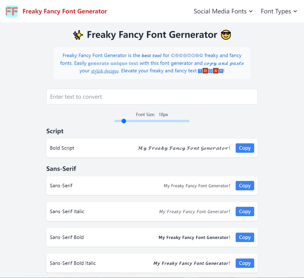 Freak Fancy Font Generator Landing Page - screenshot